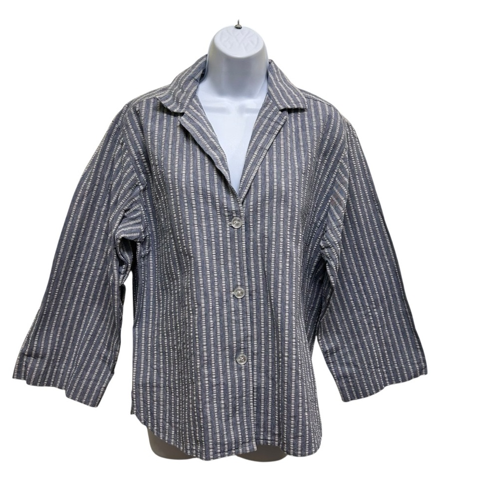 Vintage Handmade Seersucker Blue Silver Gray Stripe Shirt Jacket Size M